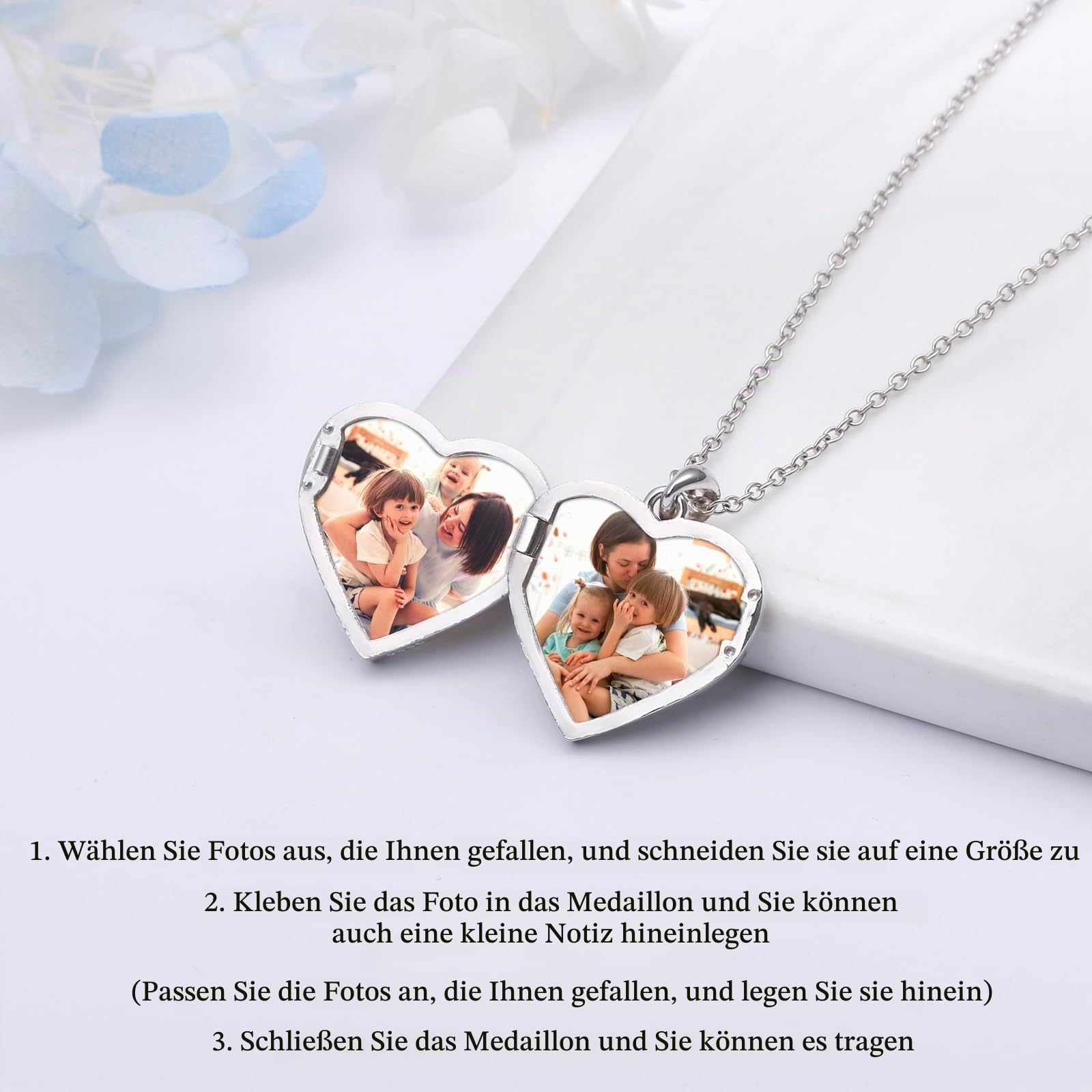 Mutter Tochter Kette für Damen 925 Sterling Silber Liebe Herz Halskette/Foto Medaillon zum Öffnen mit Bild Anhänger Schmuck Geschenke für Mama Kind