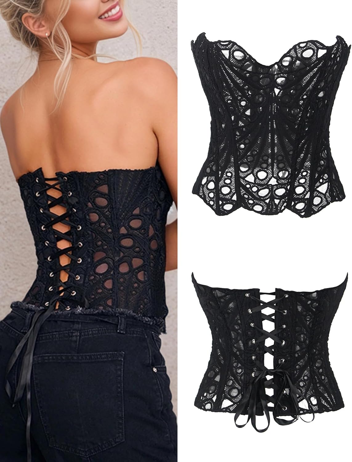comeondear Lacework Corset Top for Women Sexy Textured Sheer Floral Lace Bustier Going Out Lace-up Corset Overbust Top