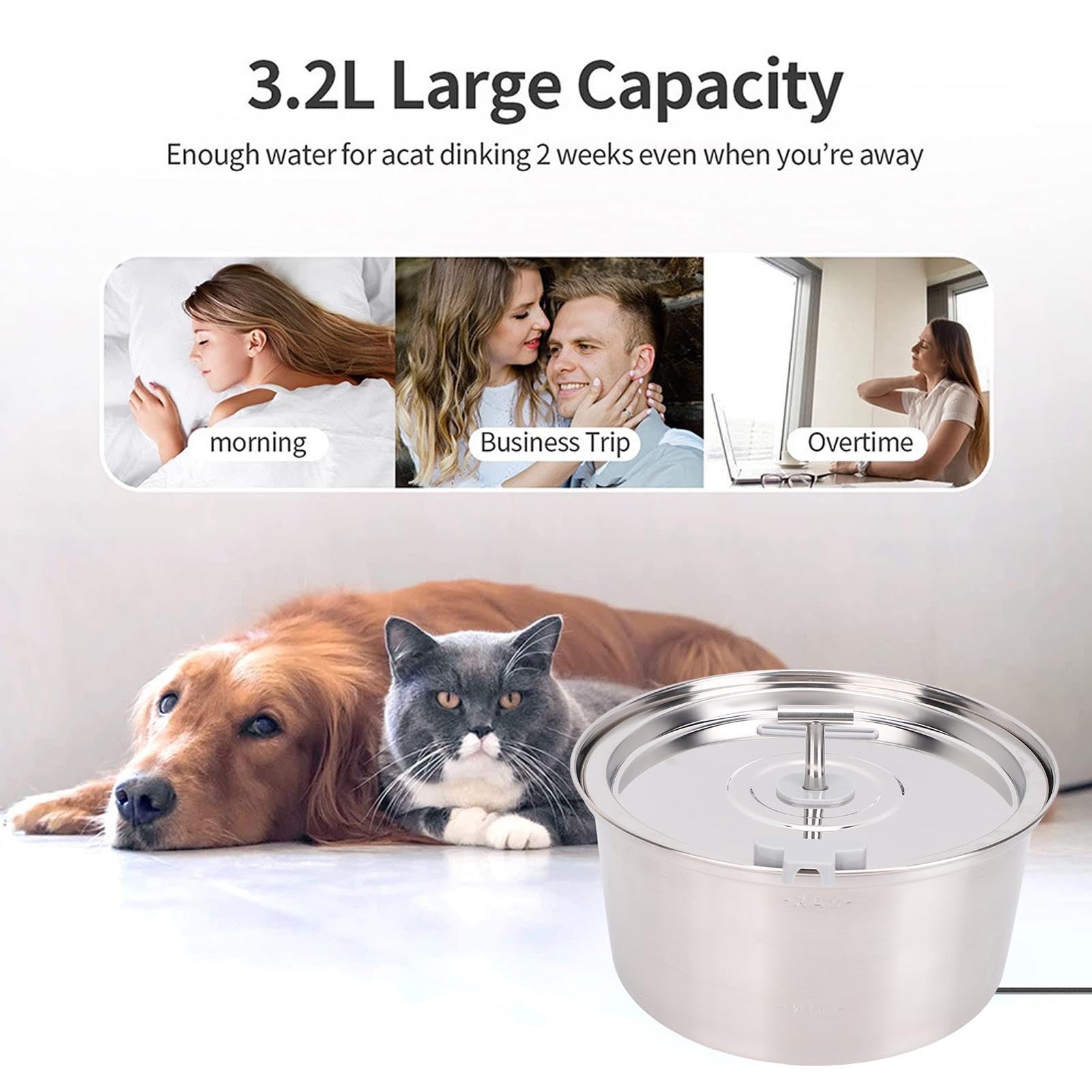 Fuente de Agua de Gato, Cuenco de Agua de Acero Inoxidable de 3.2L Fundina Tazón para Mascotas, Circulación Automática, para Perros Pequeños Gatitos Grandes