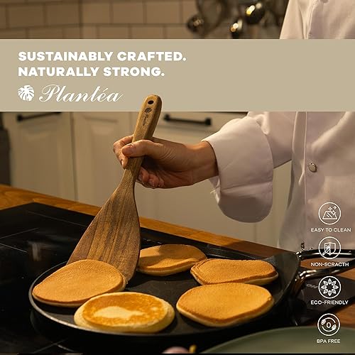 Miniatura 3 de Espátula de madera para cocinar, 4 piezas de madera de acacia para utensilios de cocina antiadherentes, duradera y fácil de limpiar, mango cómodo,