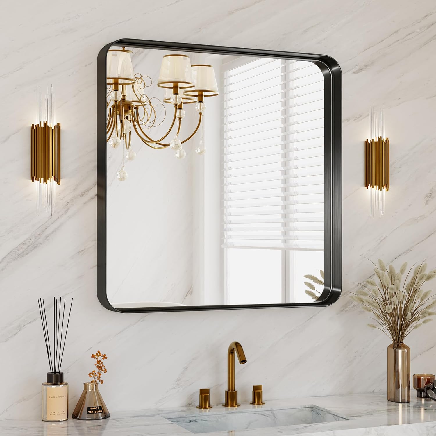 Bathroom Mirror for Wall, 30 Inch Square Mirror, Matte Black Metal Framed Square Vanity Mirror for Bathroom Bedroom Living Room Entryway, Anti-Rust, Tempered Glass, Hanging or Leaning