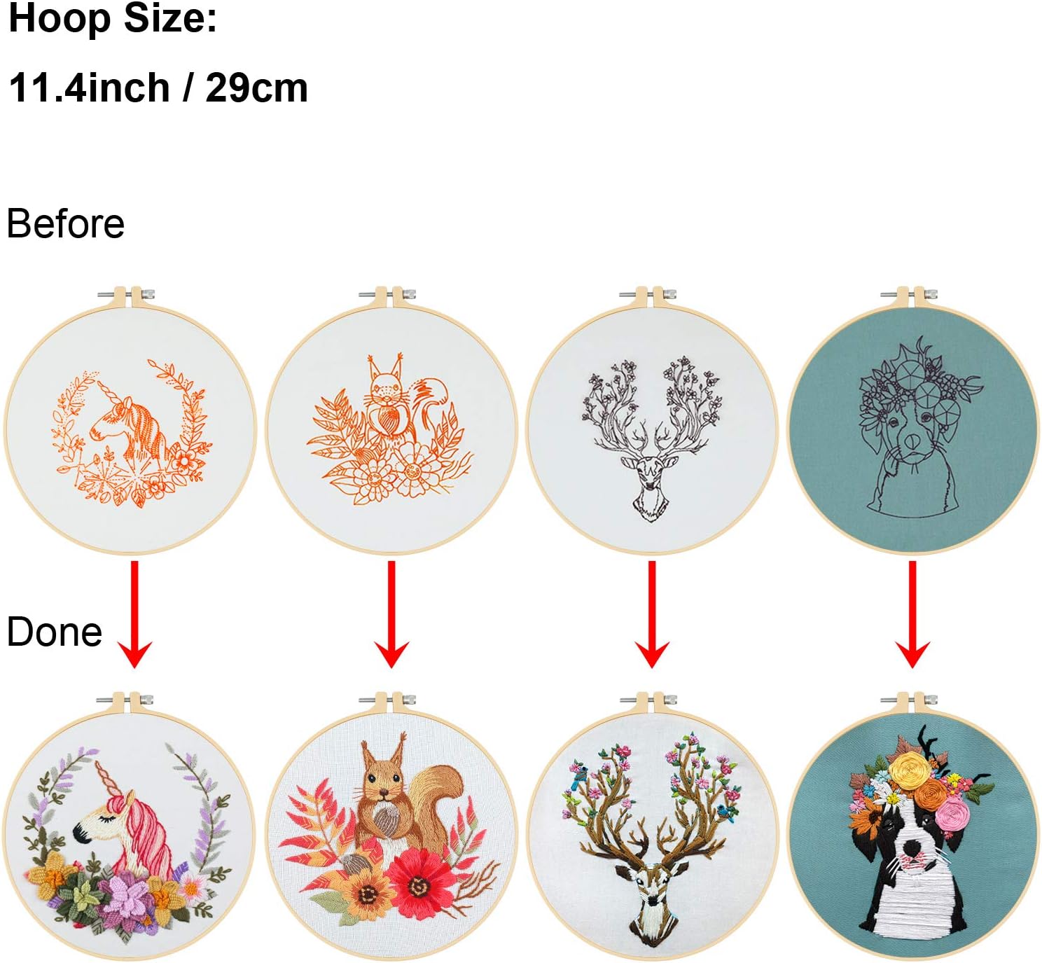 AK KYC 4 Pack Embroidery Starter Kit with Pattern and Instructions,2 Plastic Embroidery Hoops,Scissors,Color Threads and Needles,Embroidery Kit for Beginners