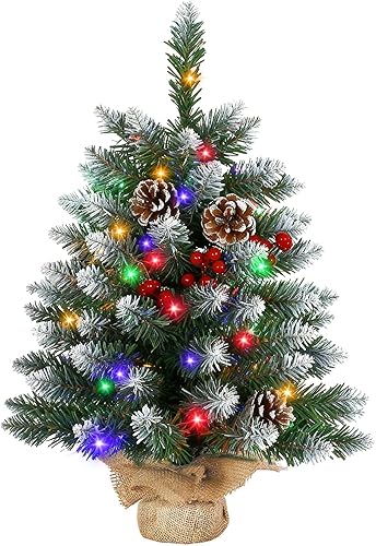 Joyhalo Árbol de Navidad pequeño de 2 pies con luces multicolor y blanco cálido, árbol de Navidad flocado preiluminado para mesa, 80 ramas, árbol de