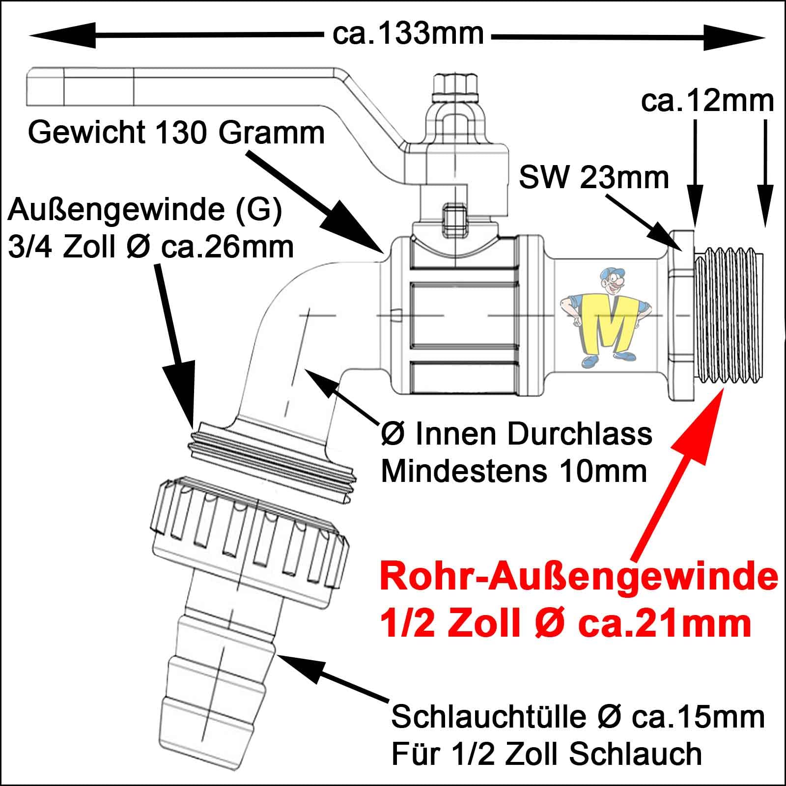 Messing Regentonnen-Durchführung Mit Auslaufhahn – Loch 27mm, Hahn 1/2 Zoll Für Wasserfass