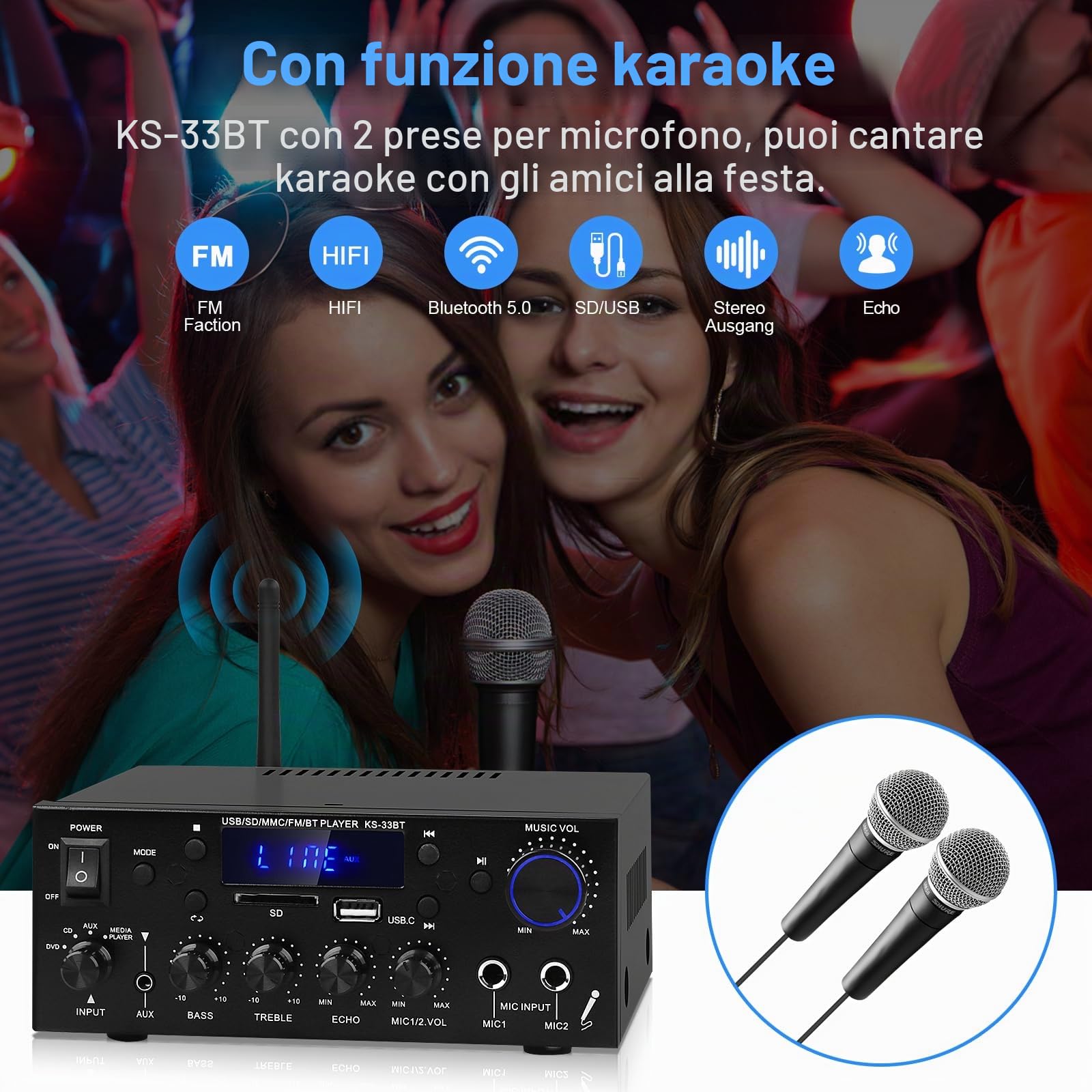 Amplificatore Audio Casa,Bluetooth 5.0 HiFi Amplificatore,KS-33BT 2Canali RMS 60W X 2 Max 400W X 2 Amplificatore Stereo Ricevitore W/Echo, USB/SD/AUX/BT.C/FM Microfono per Home Cinema Auto, Festa