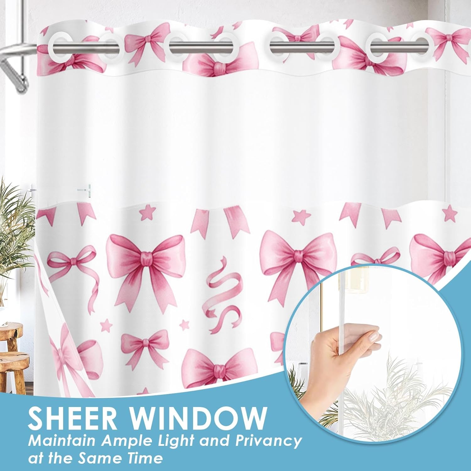 No Hook White Pink Bow Shower Curtain with Snap in Fabric Liner Set, Girls Cute Double Layers Waterproof Fabric with See Through Top Window Open Grommet Bath Curtain 71x74 Inch