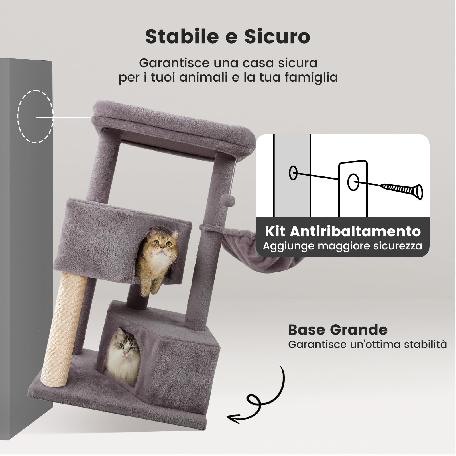 Gardner Pet Tiragraffi per Gatti da 105 cm con Palo in Sisal, Torre per Gatti Ultra-Stabile a 4 Livelli con Design Anti-Oscillazione, Posatoi Superiori Lavabili, Castello per Gatto, Grigio