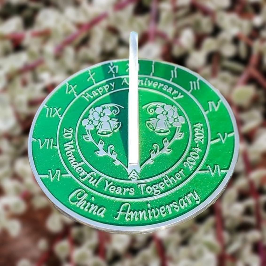 20th China Wedding Anniversary 2004-2024 Metal Home Decor Sundial | Garden Present Idea for Couple Him Her Parents Handmade Anniversary 20 Year Celebration Sundial 10" Green