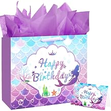 CIEHER Birthday Gift Bags for Girls with Mermaid Greeting Card and Purple Tissue Papers for Birthday Gifts - Mermaid Pattern