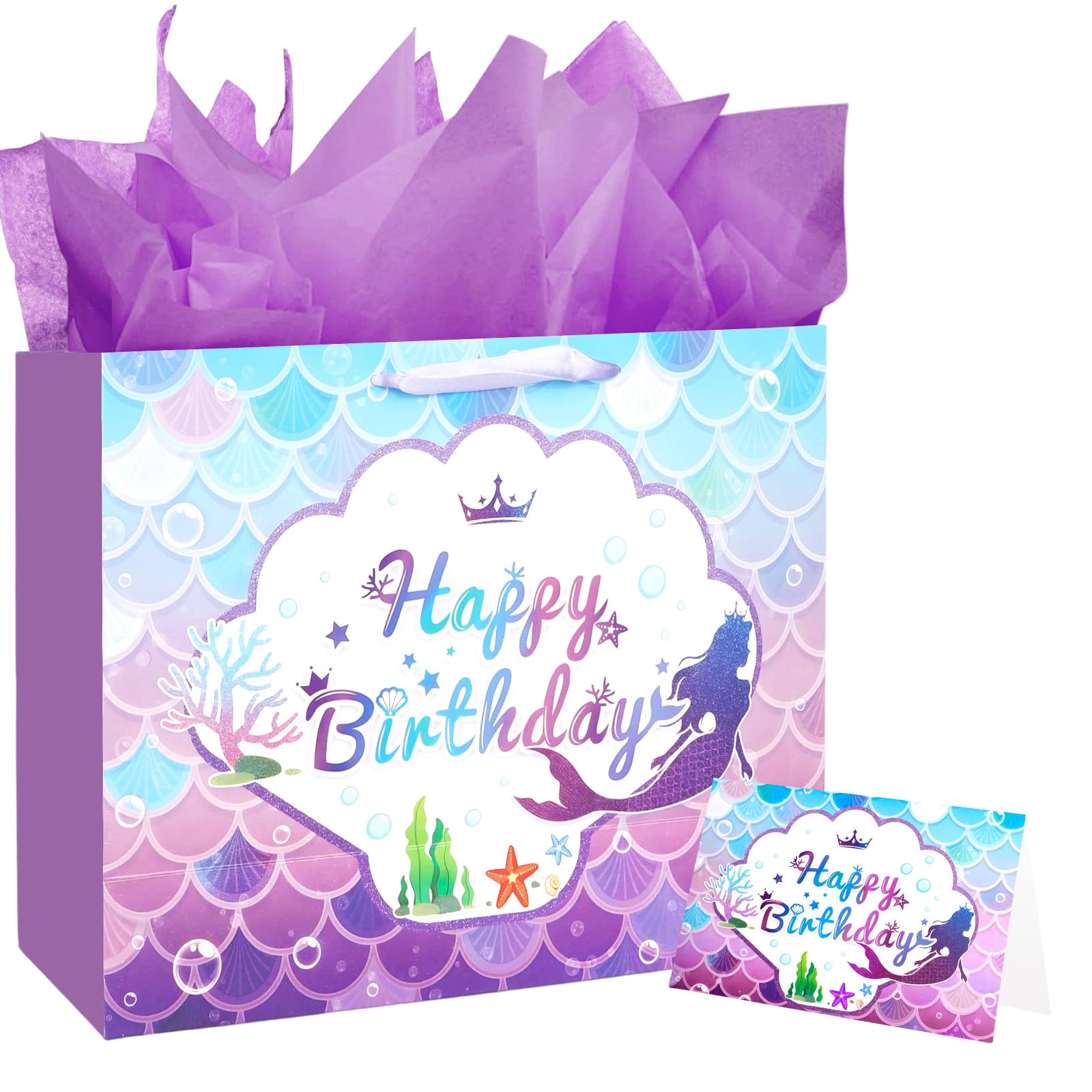 CIEHER Birthday Gift Bags for Girls with Mermaid Greeting Card and Purple Tissue Papers for Birthday Gifts - Mermaid Pattern