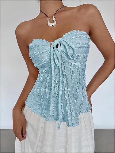 Miniatura 3 de SOLY HUX Top de tubo asimétrico sin tirantes con ribete de volantes para mujer