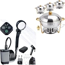 Outdoor Chef's Clean & Cook Bundle 1xPortable Camp Shower + 4x 6QT Stainless Steel Chafing Dishes for Buffet Perfect for Camping Meals, RV Trips & Beach BBQs