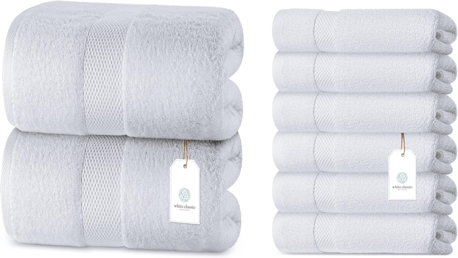 White Classic 2 Luxury White Bath Sheet Towels 35 x 70 and 6 Luxury White Hand Towels 16 x 30 | Cotton, Highly Absorbent and Quick Dry for Hotels, Spa and Bathroom