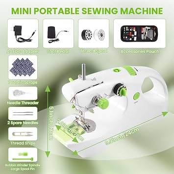 Handheld Sewing Machine for Beginners, Mini 2-Thread Stitch & Foot Pedal | Cordless, Light Duty Fabric, Quick Repair, Travel Mending, DIY Projects, 2 Power Options (Battery/AC), Compact & Lightweight