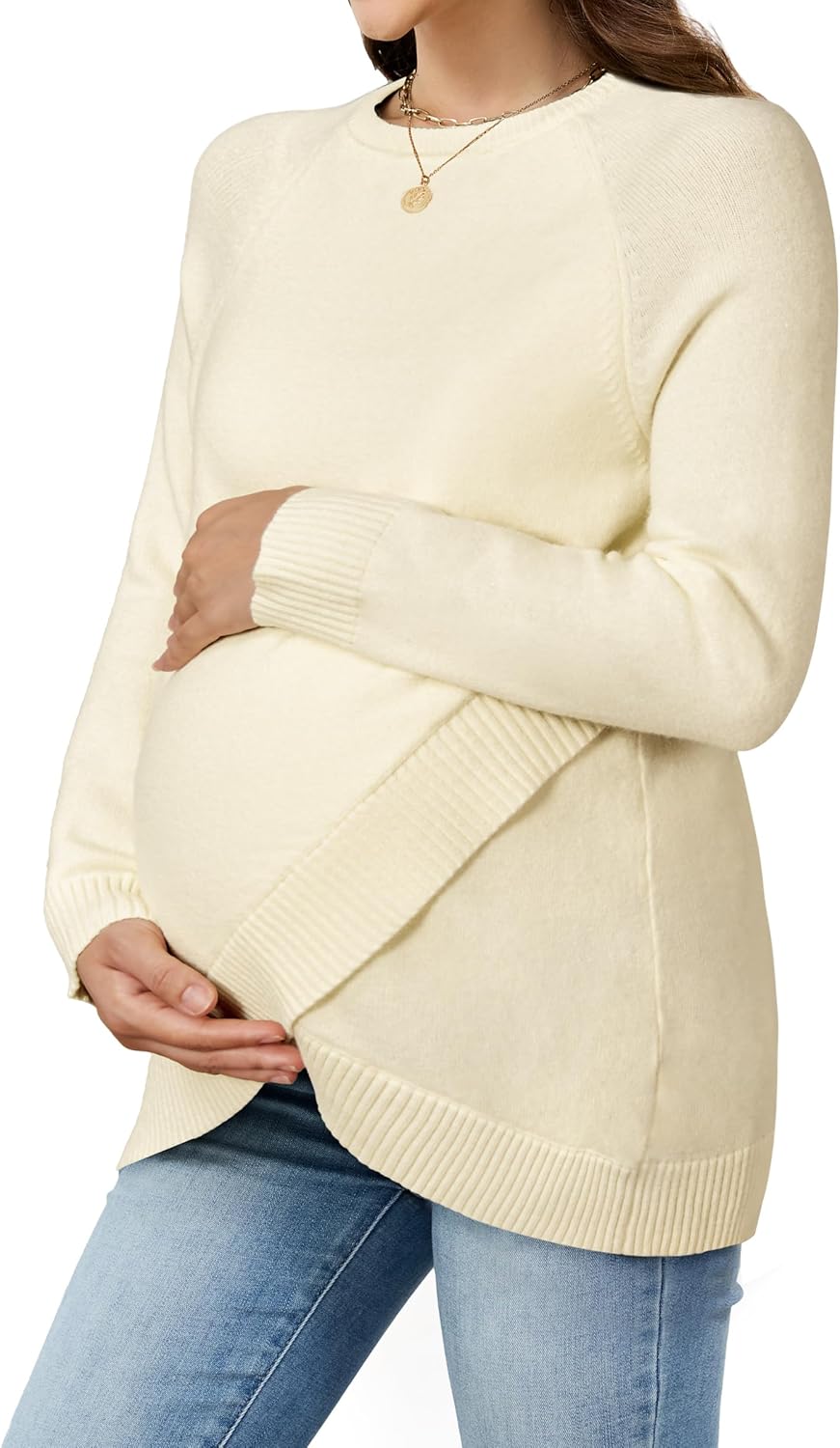 OUGES Women's Wool Blend Maternity Sweater Crossover Ribbed Hem Casual Pullover Tops