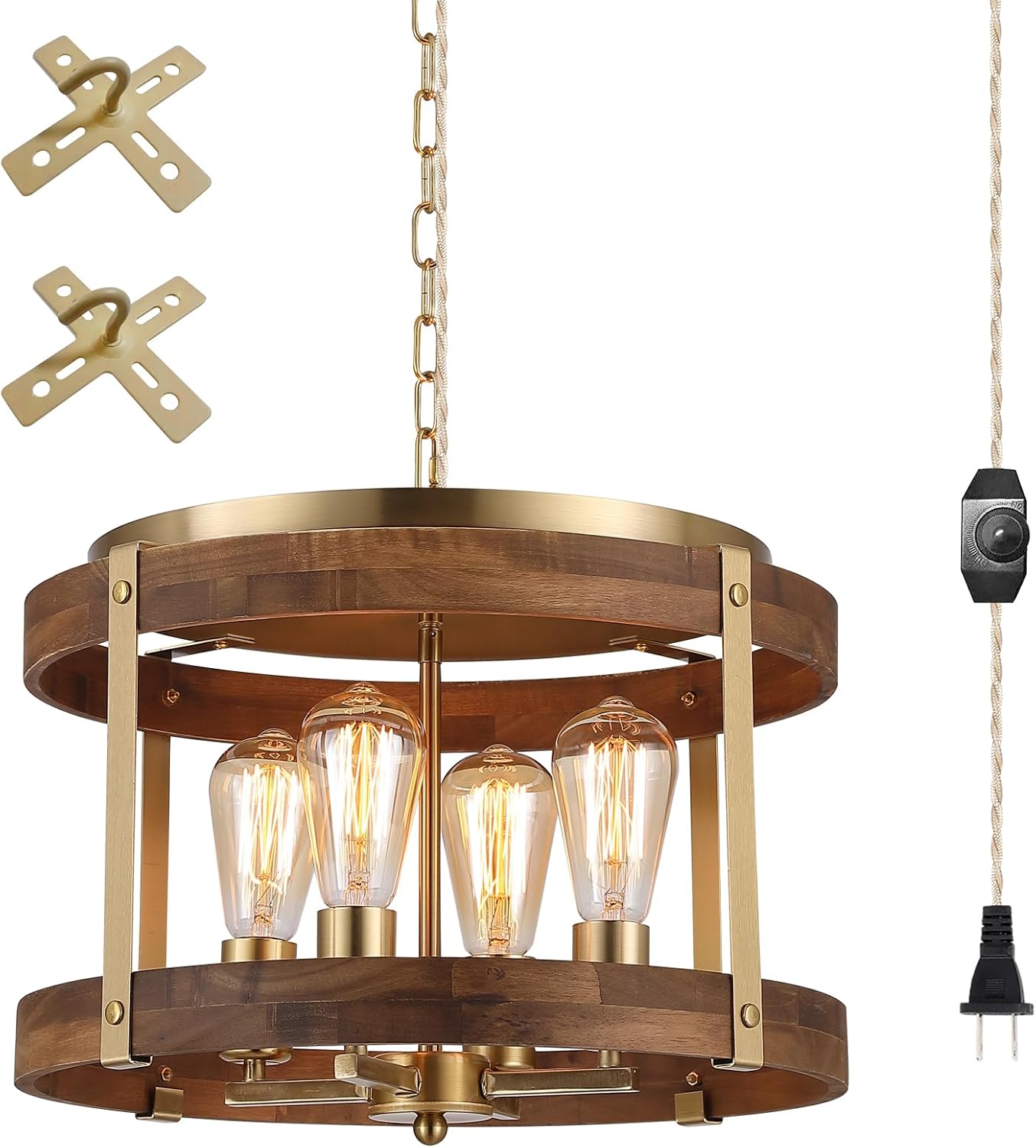 4-Light Large Rustic Farmhouse Plug in Pendant Light Fixture with Adjustable Chain, Dimmable Switch, 16.5 inch Oak Wood Drum Hanging Lamp for Dining Room Living Room Farmhouse Entry, Antique Gold
