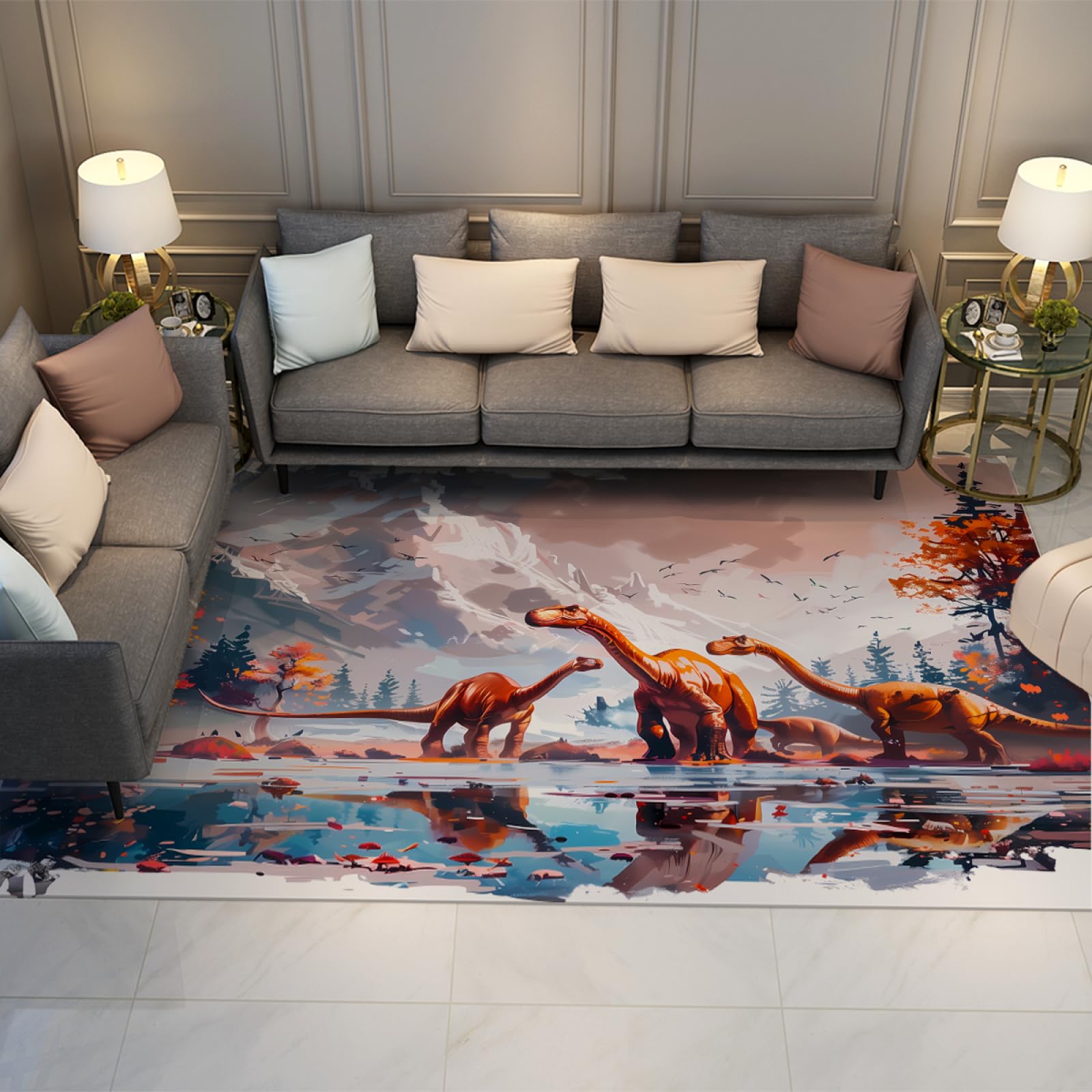 Tapis dinosaures lavable à poils ras 120x240cm pour un entretien facile au salon
