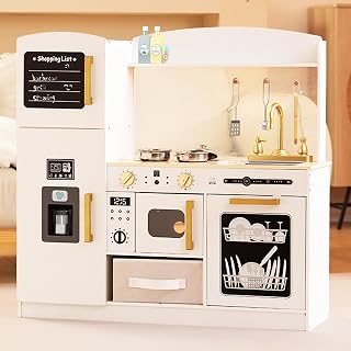 Play Kitchen Set for Kids, Wooden Kids Kitchen Playset with Real Lights & Sounds, Interactive Toy Kitchen with Felt Boxes for Storing Kitchen Utensils and Ice Maker Toy Accessories (White)
