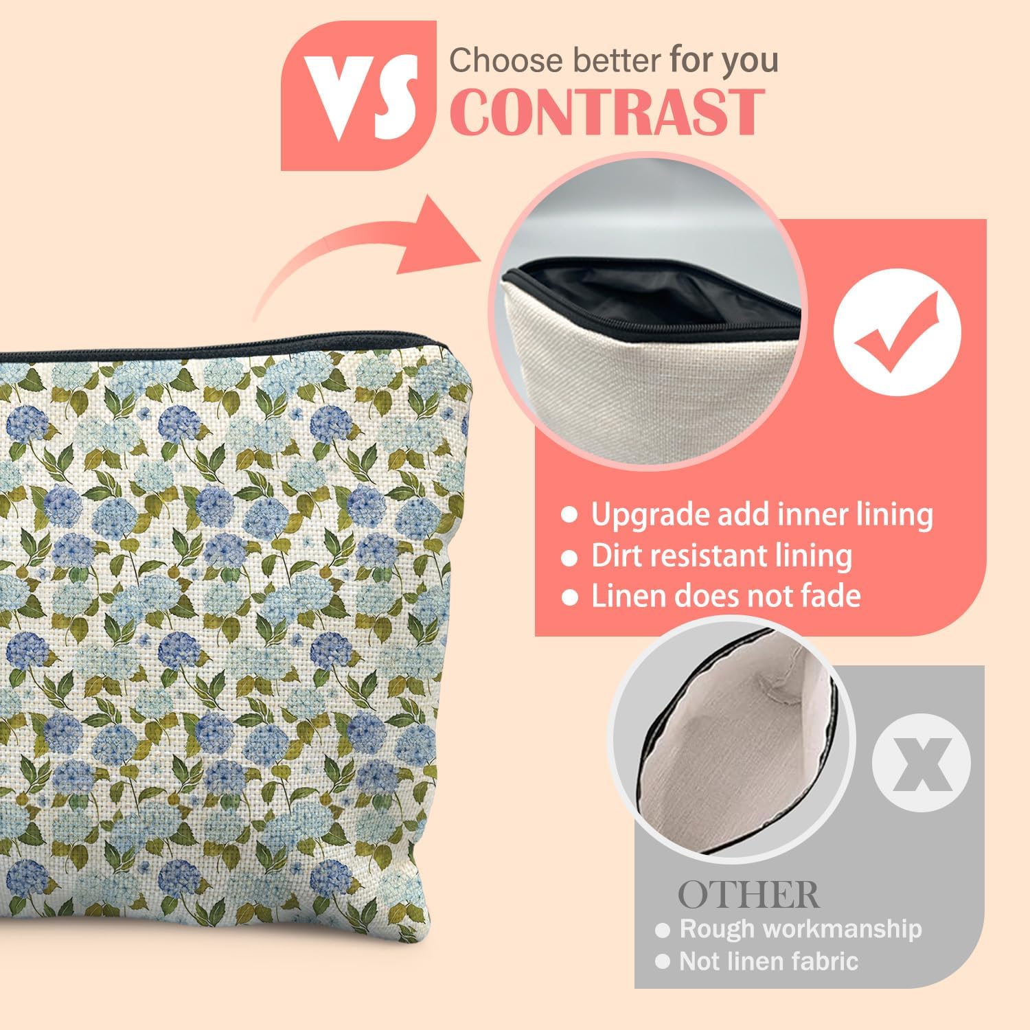 Blue Hydrangea Floral Makeup Bag for Women, Blue and Green Botanical Cosmetic Bag for Purse, Watercolor Hydrangea Pattern Makeup Zipper Pouch - Image 4