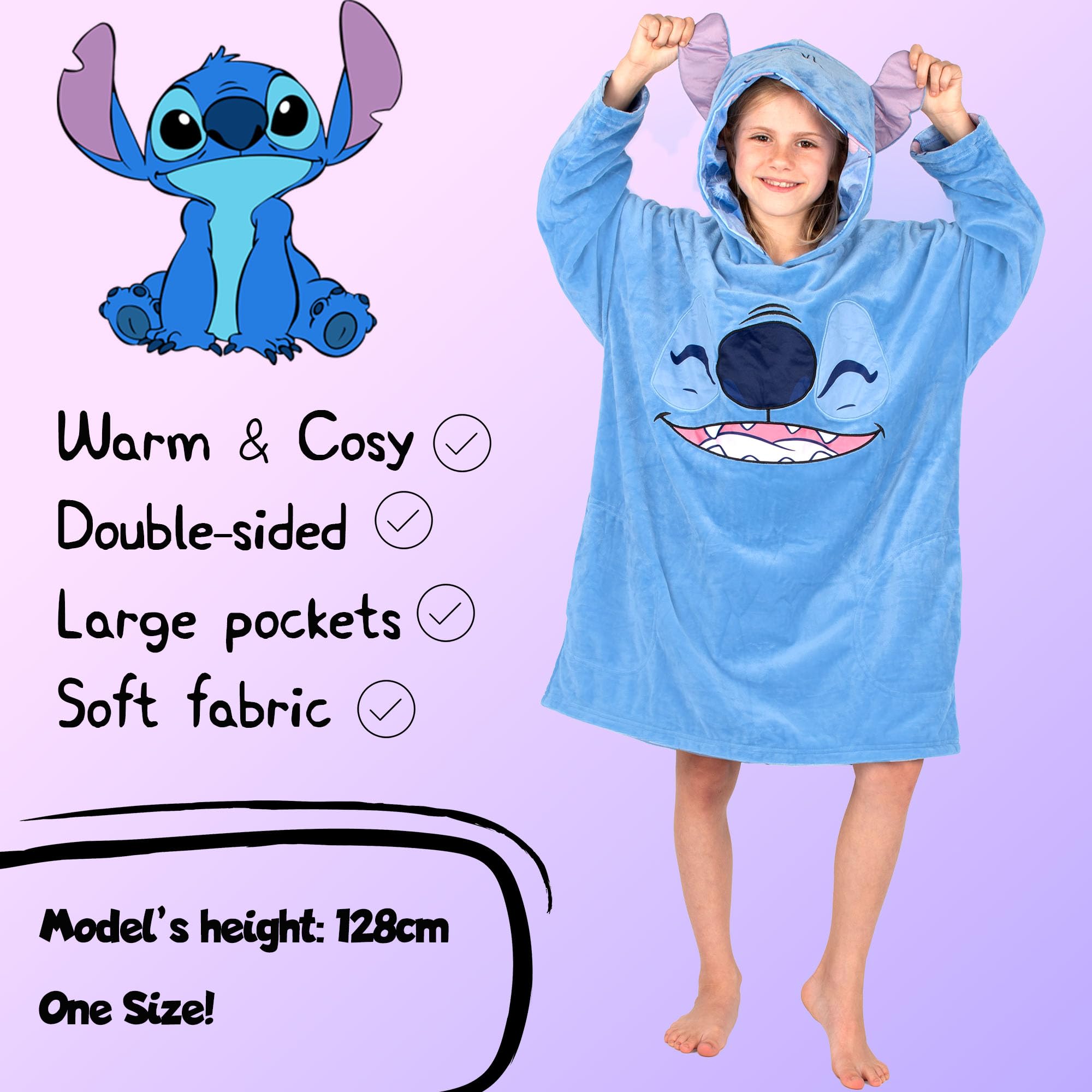 Disney Stitch - Manta reversible con capucha de gran tamaño para niños, súper suave, de doble cara, forro polar, regalo para niñas, talla única, color azul