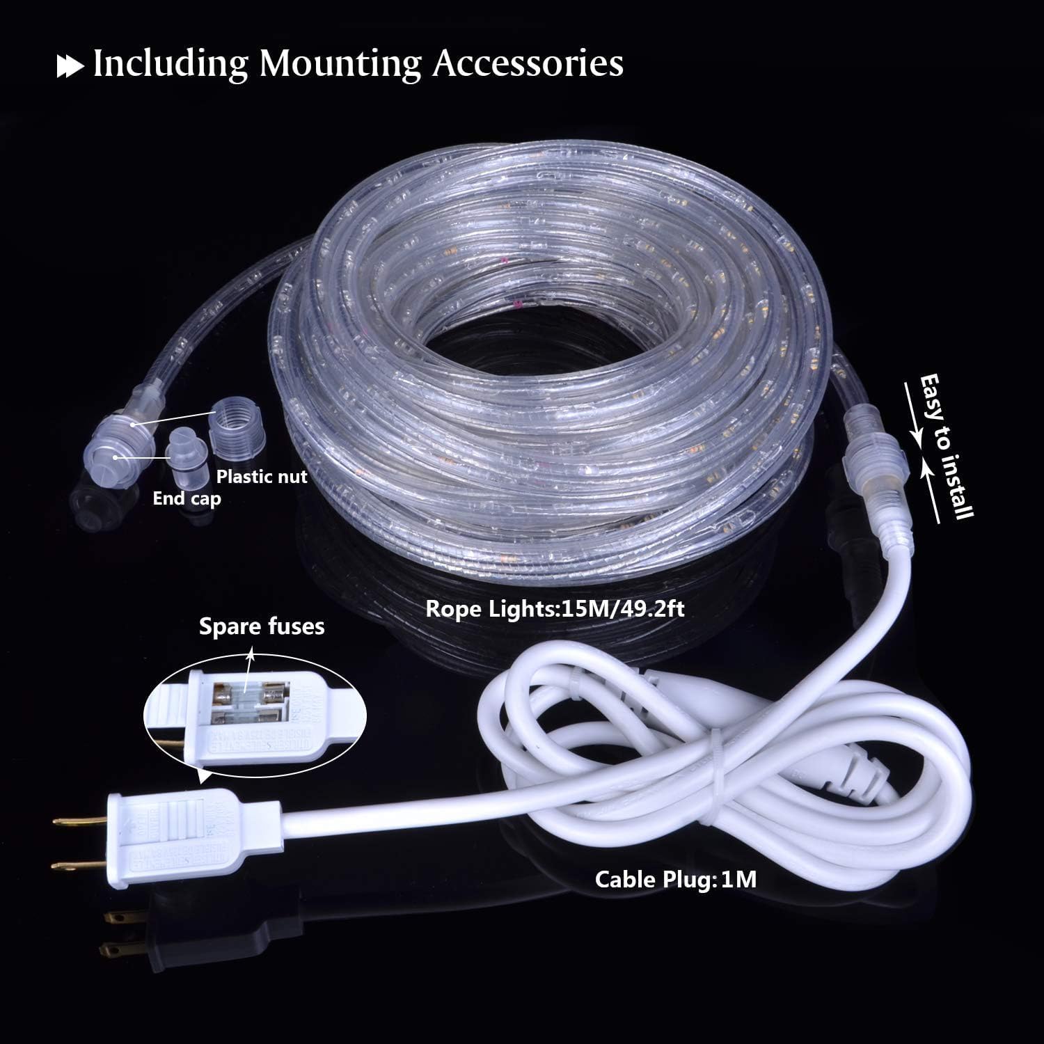 20ft LED Rope Lights, IP65 Waterproof Connectable 110V 6000K 144LED Daylight White Rope Lighting, Flexible Plug-in String Lights for Outdoor Indoor Patio Christmas Halloween Party Decoration