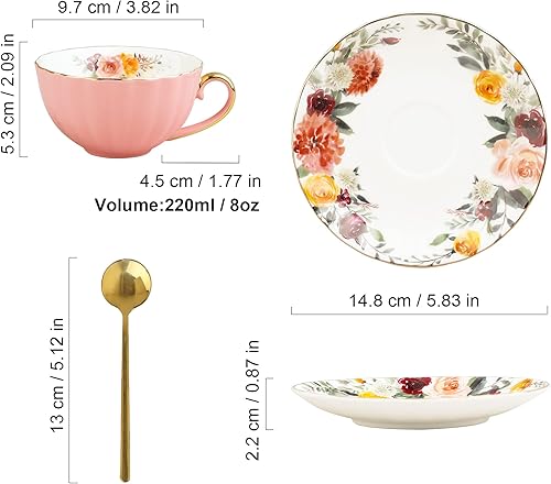 Miniatura 6 de fanquare Taza de té rosa inglesa, taza de té de porcelana floral con cuchara, juego de taza de té de cerámica y platillo, 7 onzas