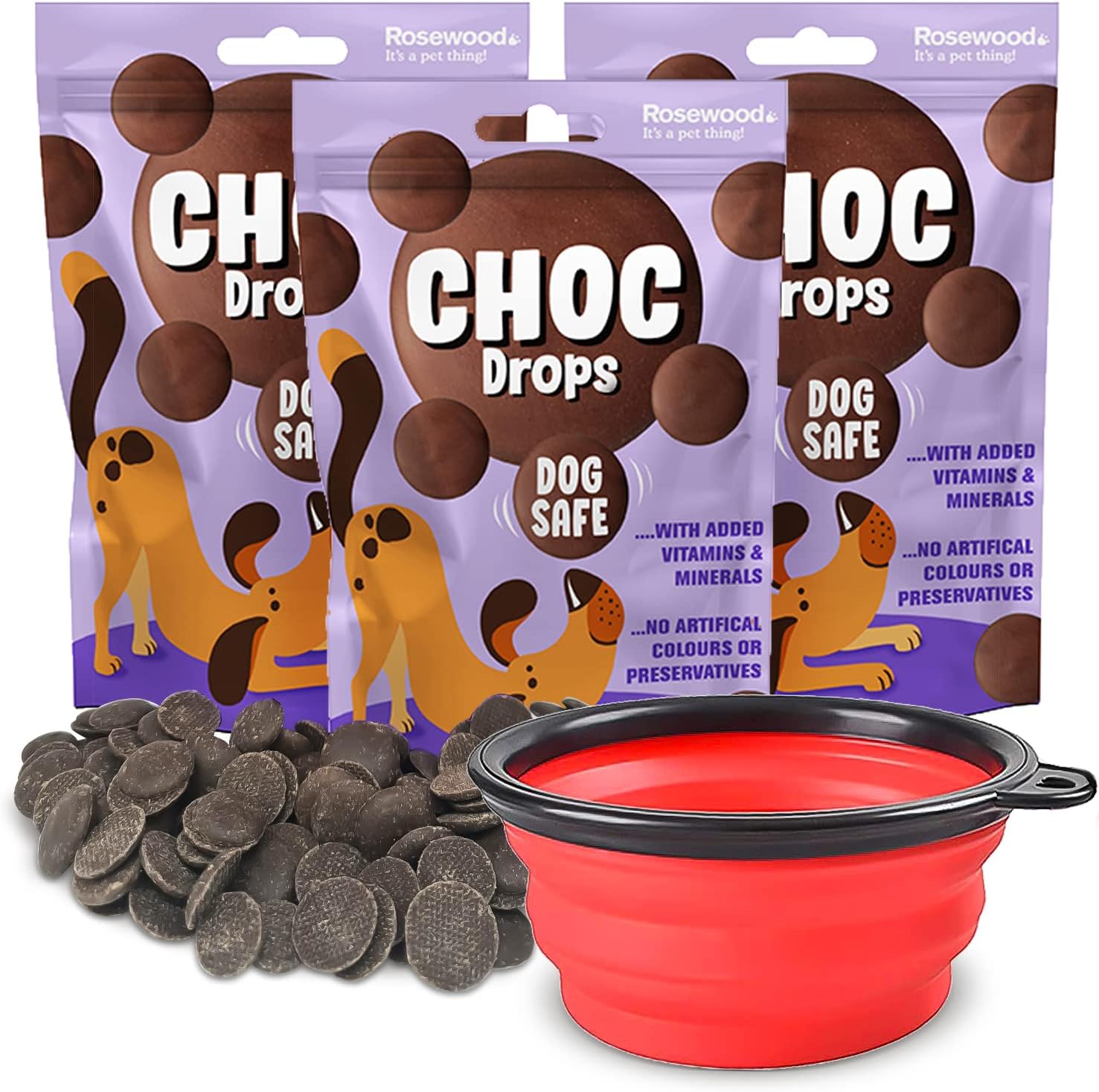 Rosewood Dog Chocolate Drops MultiPack Saver MBF Pets Dog Collapsible Bowl 3 Pack of 200g