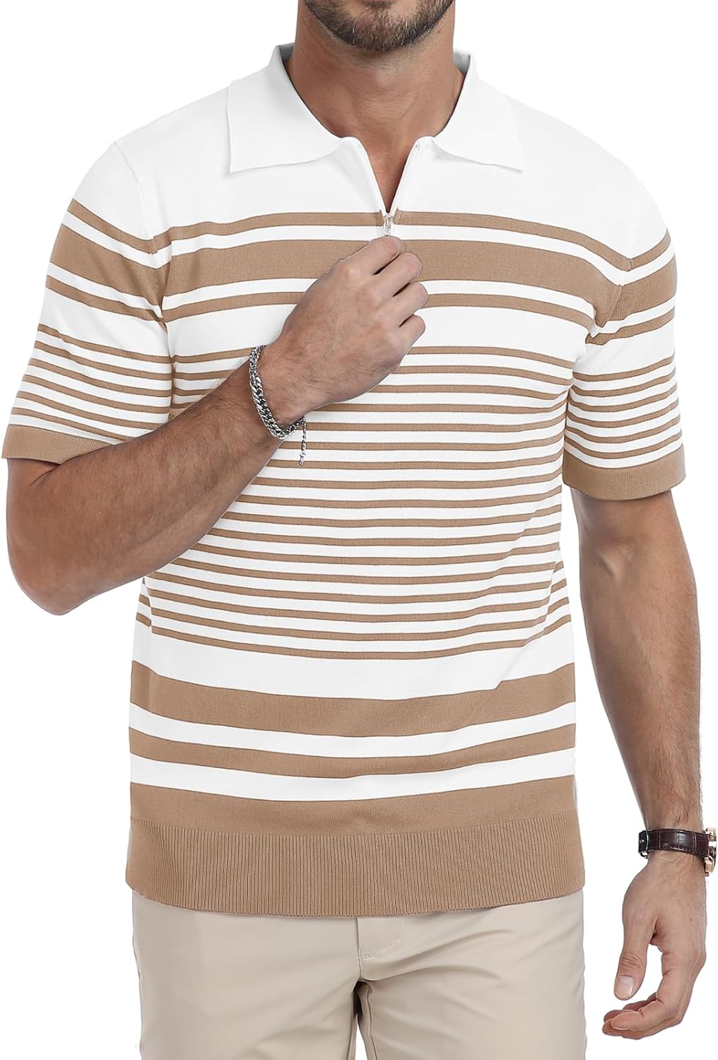 KUYIGO Men's Knit Collared Polo Shirts Short Sleeve Zipper Striped Tops Classic Fit Casual Soft T-Shirt - Image 3