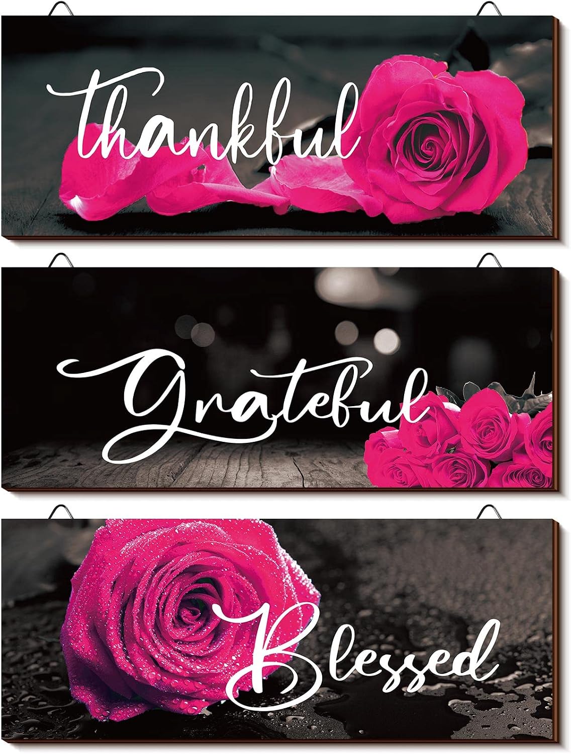 Hillban 3 Pcs Bathroom Wall Decor Rose Wooden Art, 10 x 4 Inch, Dark Pink