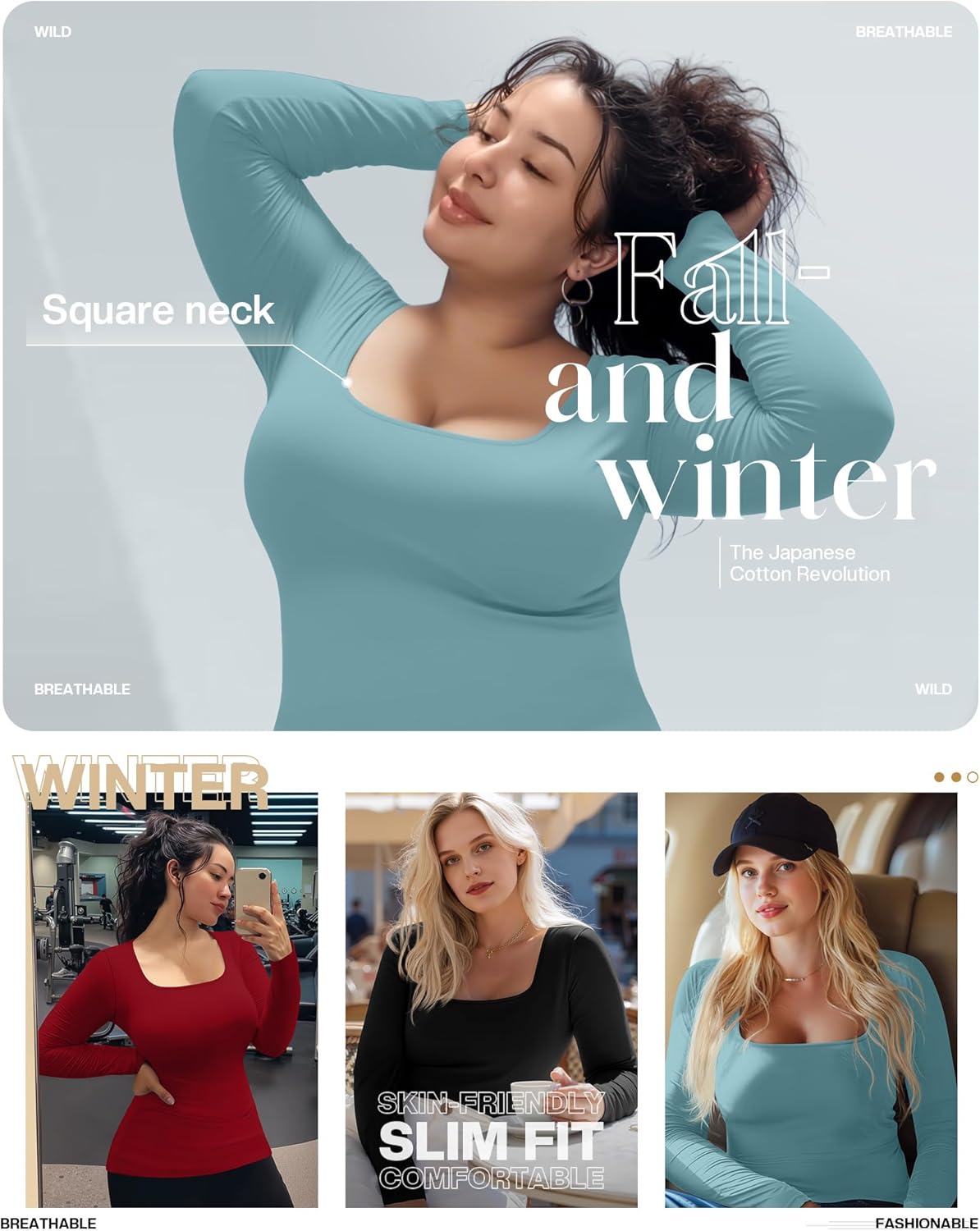 3 Pack Women's Plus Size Tops Square Neck Long Sleeve Shirts Slim Fit Casual Stretchy Fall Basic Tee - Image 2