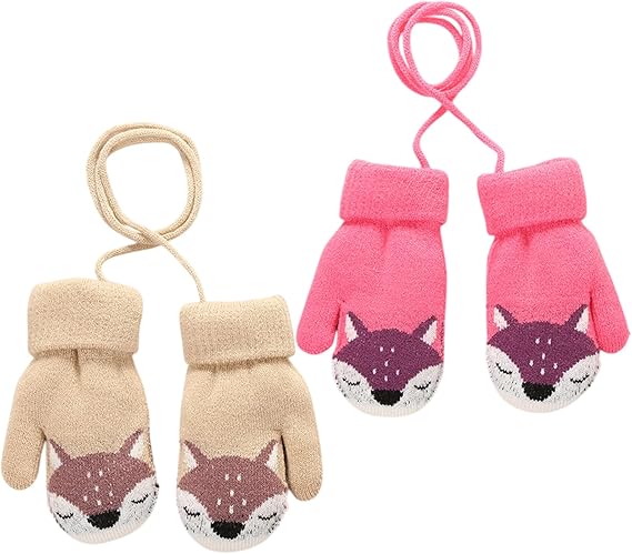 FUIPVGI 2 Paren Babyjongens Meisjes Winter Gebreide Wanten, Schattige Vos Warme Fleece Gevoerde Wanten Handschoenen Met Hangen Op Nek Wanten Voor Peuter 1-3 Jaar (2 kleuren