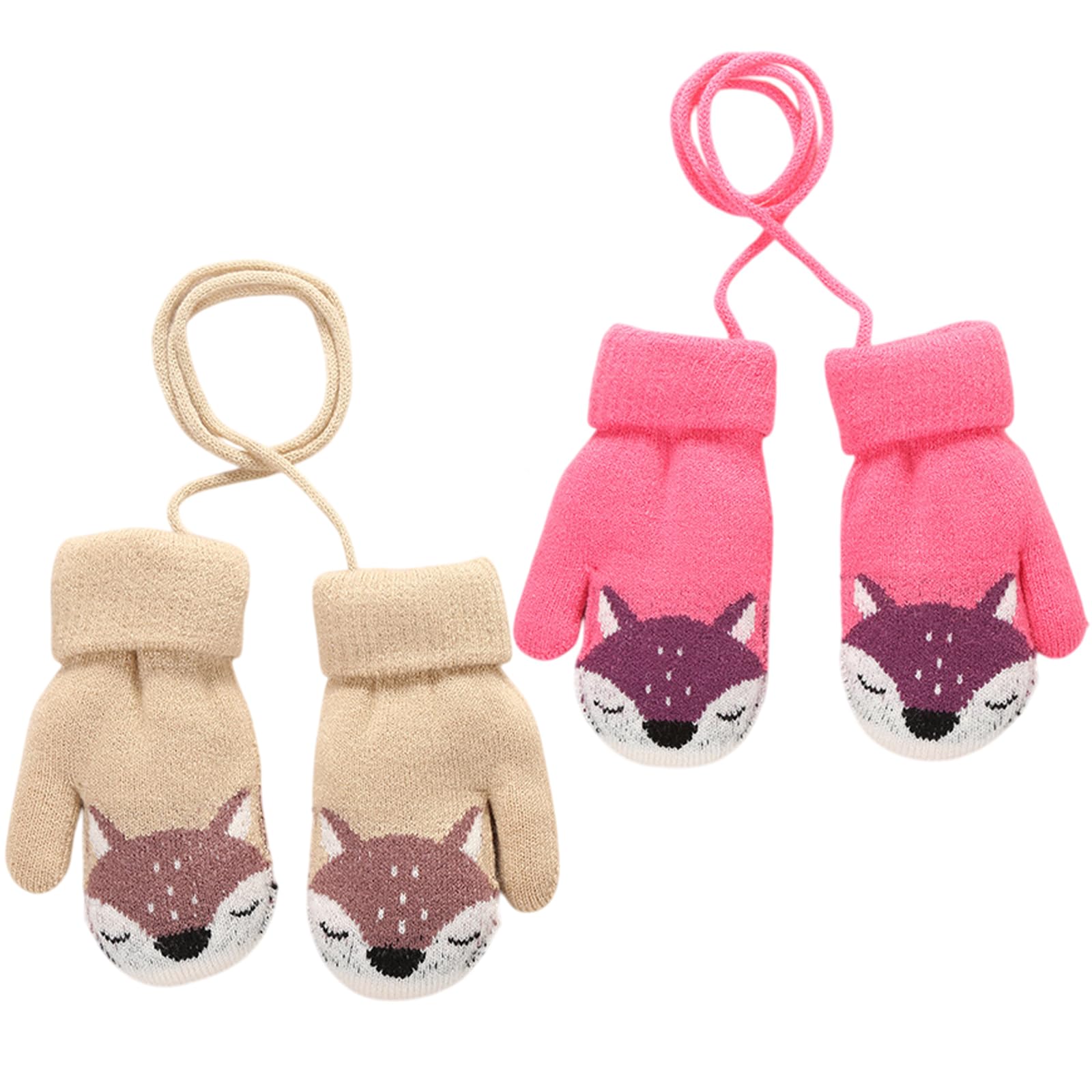 FUIPVGI 2 Pairs Baby Boys Girls Winter Knitted Mittens, Cute Fox Warm Fleece Lined Mittens Gloves with Furry Lining Hanging on Neck Mittens for Toddler Girls Boys Age 1-3 Years (Khaki, Dark pink)