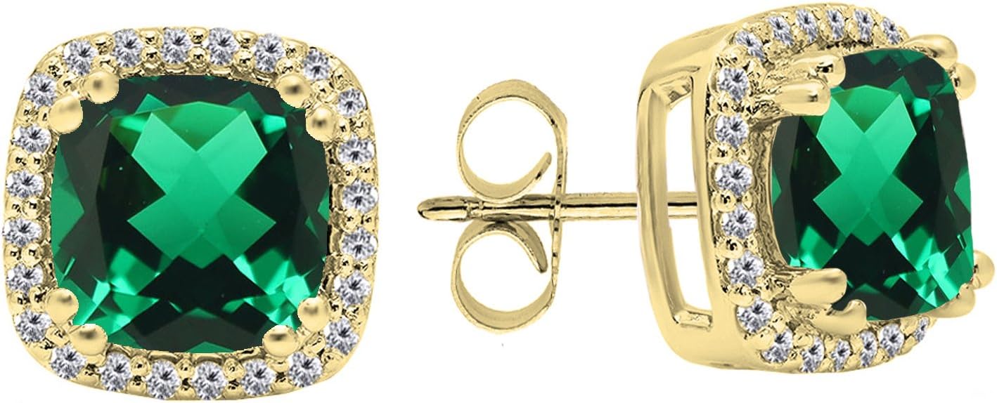 Dazzlingrock Collection 6.5mm Cushion Lab Created Gemstone & Round White Natural Diamond Halo Stud Earrings for Women in Real Solid Gold