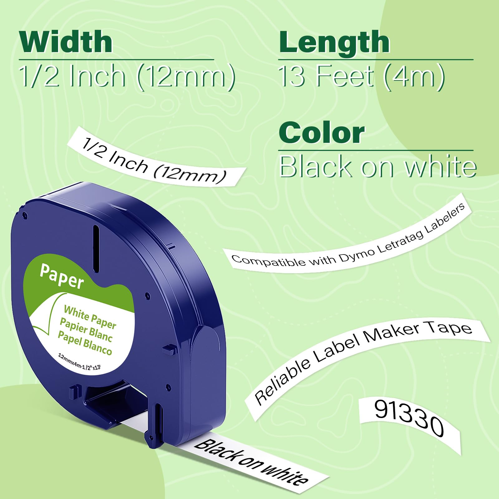 91330 Nastro adesivo per etichettatrice, ricariche per etichettatrice, 1,27 cm x 4,3 m, nastro di carta bianca, confezione da 20