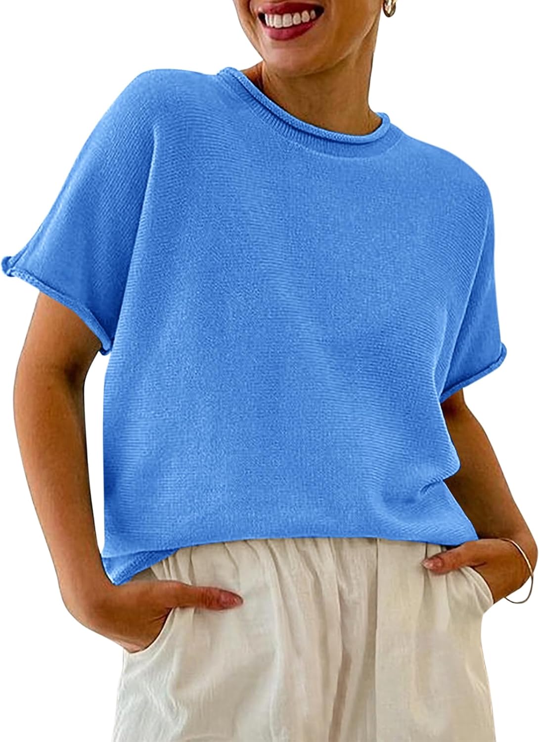 Saodimallsu Women's Short Sleeve Lightweight Casual Crewneck Loose Fit Knit T-Shirt