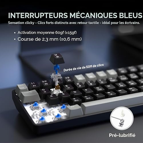 Dierya DK68 Tastiera Gaming Wireless,60% Tastiera Meccanica Bluetooth/2.4G/USB-C RGB,Interruttore Blu,Double-Shot ABS Keycaps Compatibile con Win/Mac,Nero grigio-B(Layout US,QWERTY) - 5