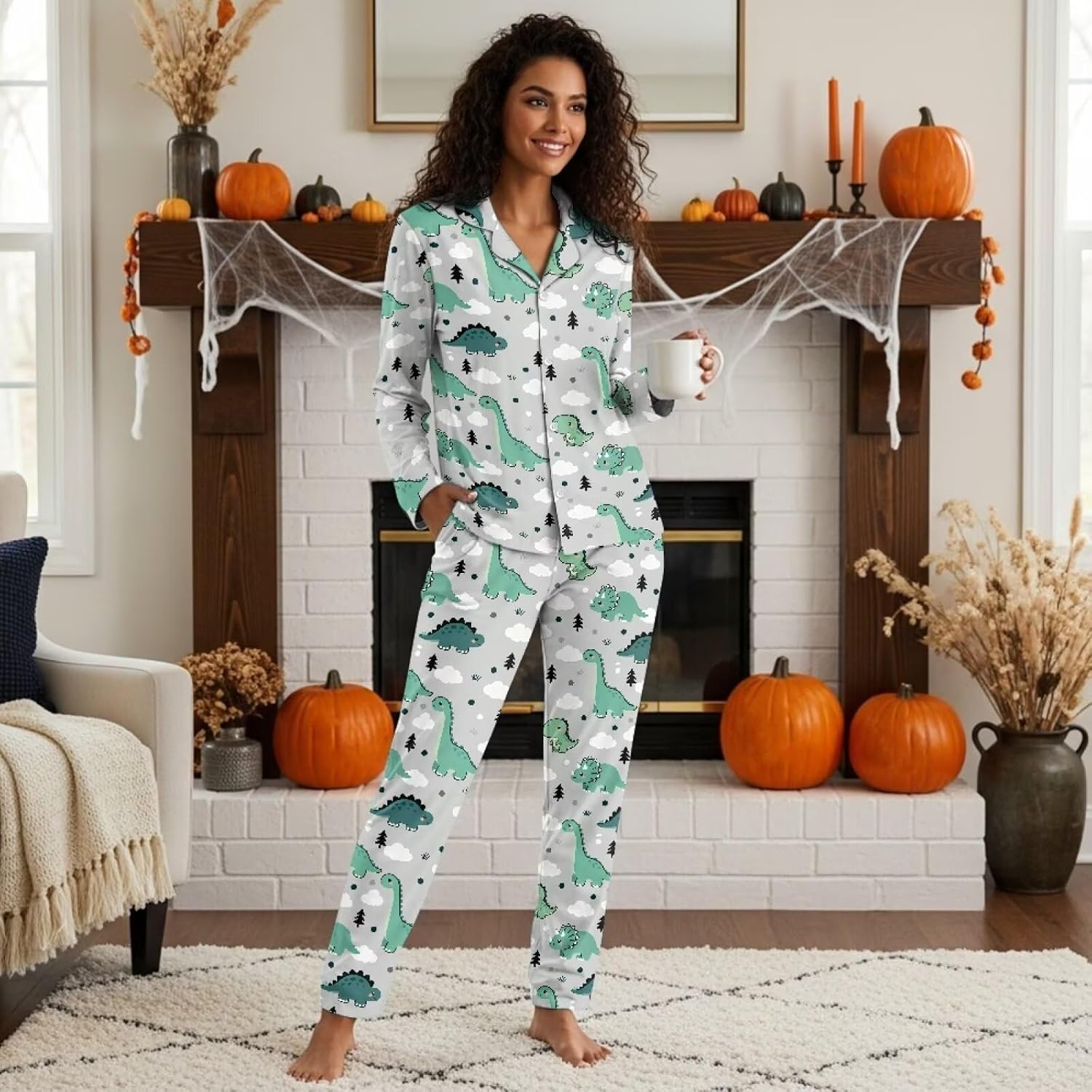 Soft Pajama Set for Women Long Sleeve Button Down Sleepwear 2-Piece