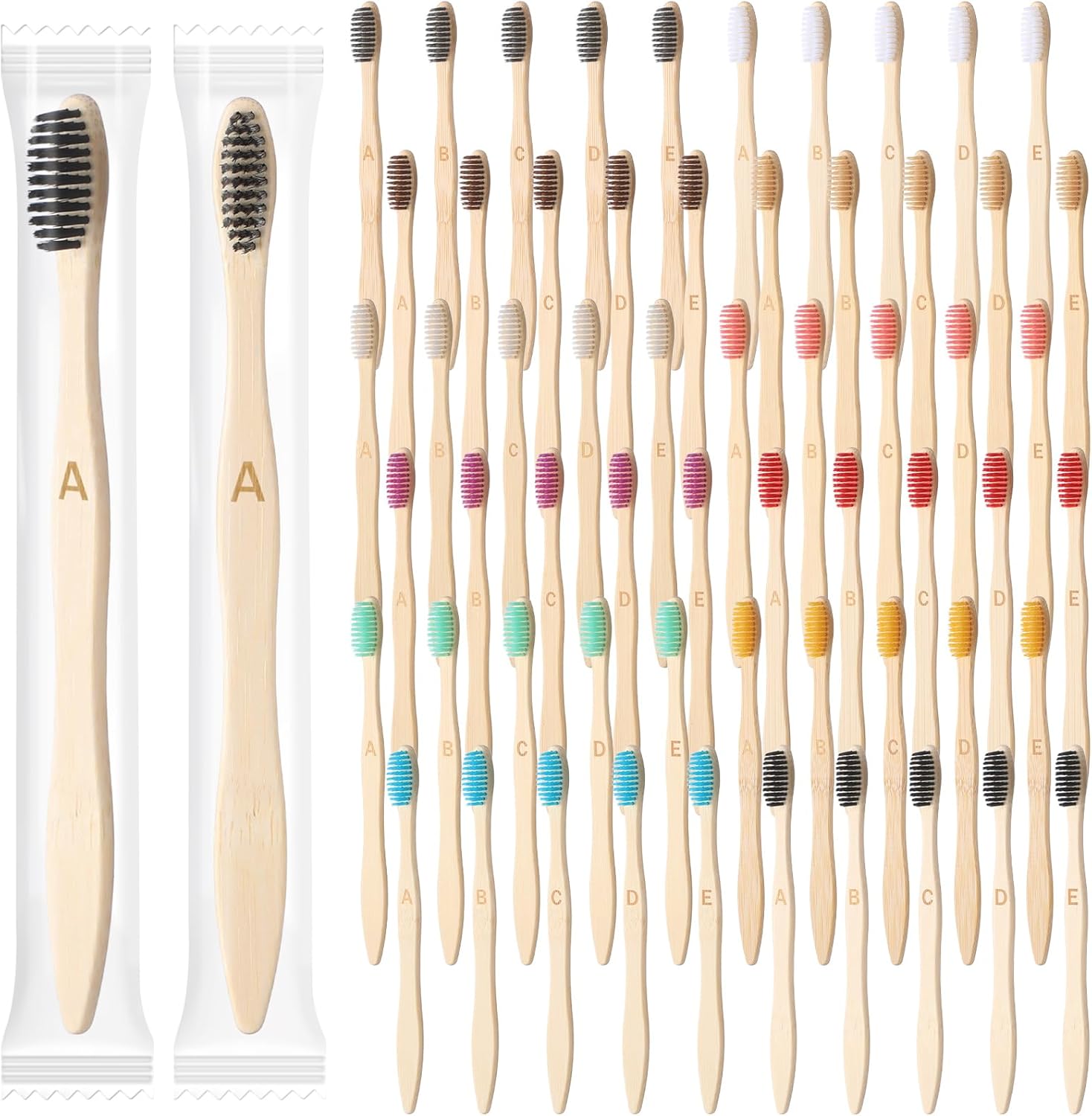 Sieral 120 Pcs Bamboo Toothbrushes Bulk Soft Bristle Individually Wrapped Travel Toothbrush Natural Wooden Tooth Brush for Homeless Kid Adult Home Travel Use, 7.5 Inch, 12 Colors (Letter)