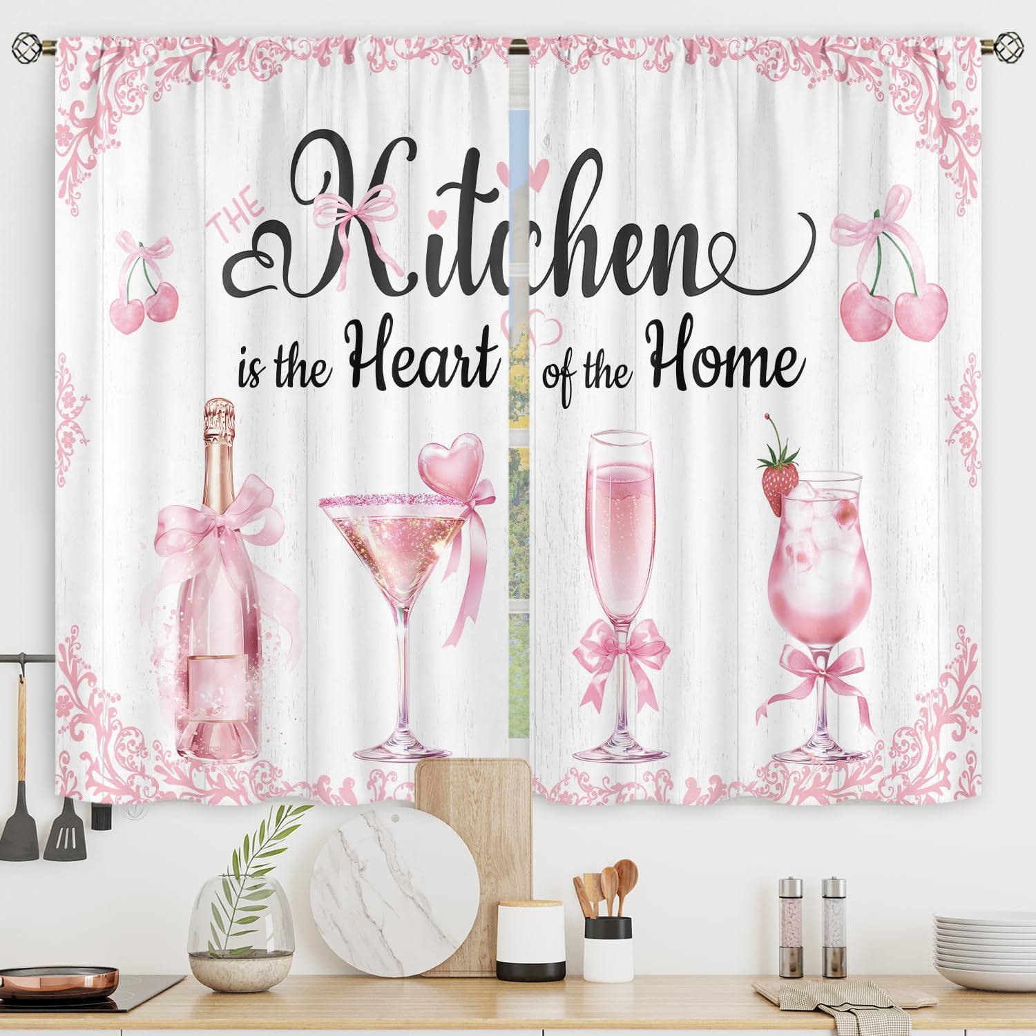 Amazon.com: Riyidecor Pink Bow Cute Kitchen Curtains Short Small Cute ...