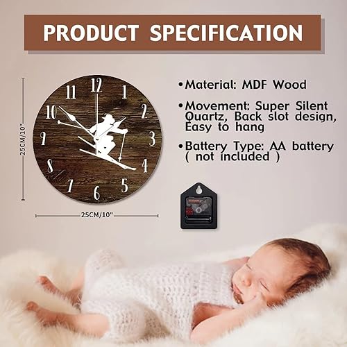 Miniatura 6 de ArogGeld Reloj de pared de esquí de madera, 10 pulgadas, silencioso, sin tictac, funciona con pilas, para sala de estar, dormitorio, cocina,