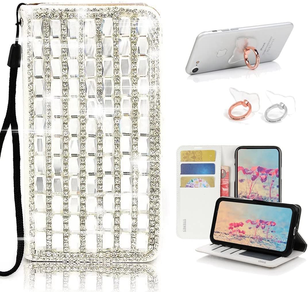 STENES Bling Wallet Phone Case Compatible with Samsung Galaxy S21 Ultra Case - Stylish - 3D Handmade Pearl Lattice Design Leather Cover with Ring Stand Holder [2 Pack] - White