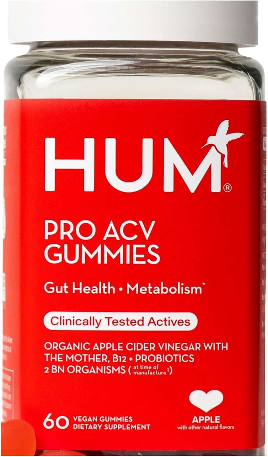 HUM Pro Apple Cider Vinegar Gummies with Probiotics for Digestive Health & Gut Health,100% Organic Apple Cider Vinegar with Mother Gummy Vitamins, Vitamin B12 for Energy Support, 60 ACV Gummies