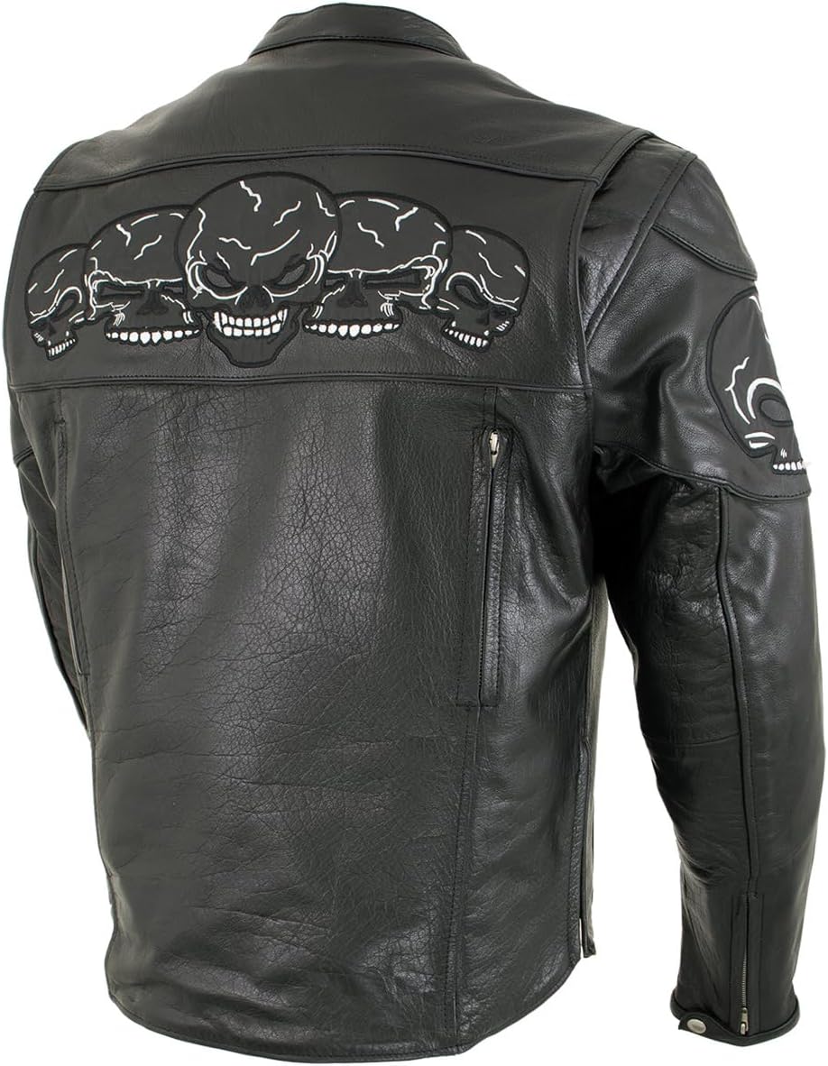 Milwaukee Leather LKM17011 Men's 3 Skull Head Premium Black Leather Motorcycle Jacket with CE Armor - Small
