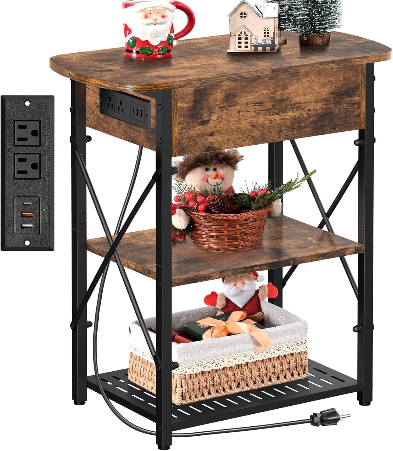 Livofloral Narrow End Table with Charging Station, Side Table with 3 USB Ports and 2 AC Outlets, Flip Top End Table with Storage, Nightstand with Drawer, Side Tables Living Room, Bedroom, Brown