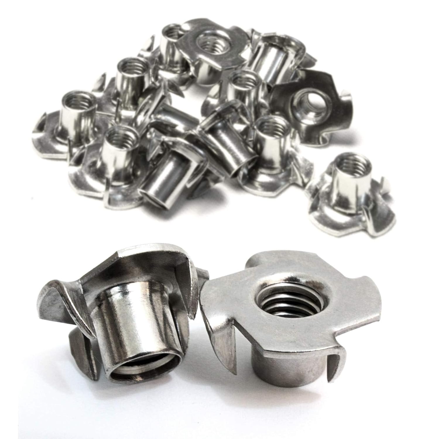 Stainless Steel T-Nuts, 1/4"-20 Inch, (25 Pack), Anti Corrosion Threaded Insert, Choose Size/Quantity, by Bolt Dropper, Pronged Tee Nut. (1/4"-20 x 7/16")