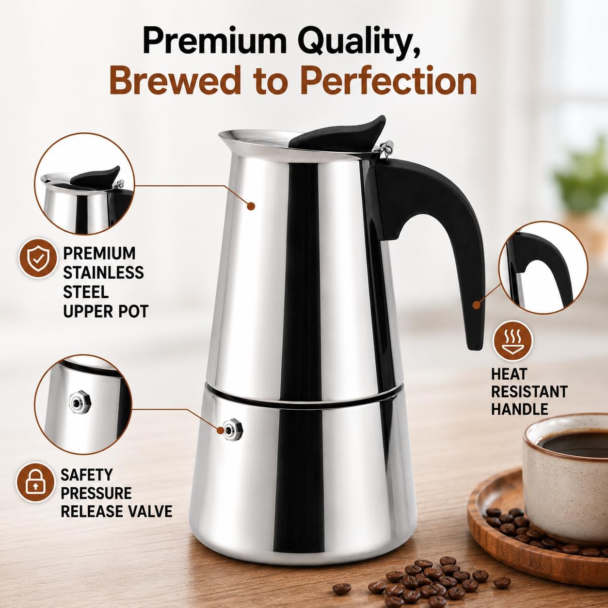 American Dream 6-Cup Stainless Steel Espresso Coffee Maker | Stovetop Moka Pot Brewer | Durable Stainless Steel Body for Rich Italian-Style Coffee