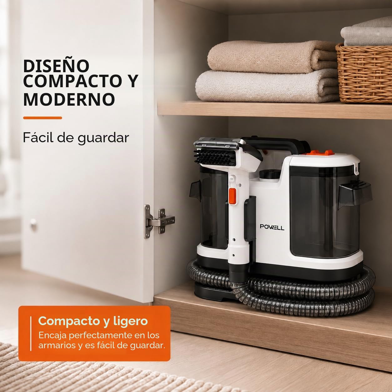 Powell Limpiadoras de alfombras portátiles – 450 W para tapicerías y eliminación de manchas | Limpiador de tejidos de mano para sofás, sillones, alfombras, asientos de coche y colchones (blanco)