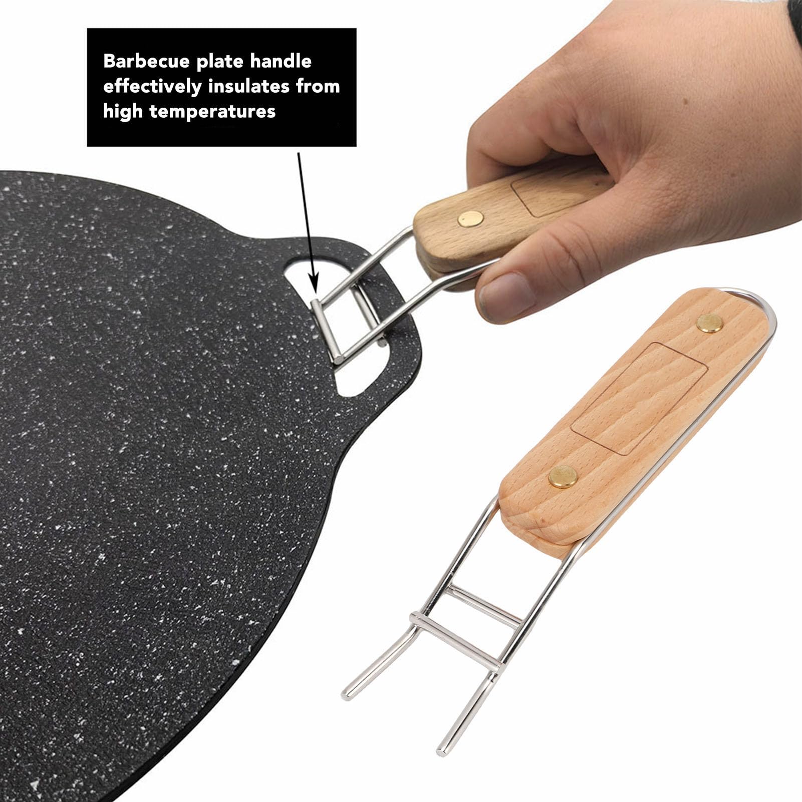 Poignée de Barbecue en Acier Inoxydable avec Lève-grille en Bois, Antidérapante et Multifonctionnelle pour Camping et Cuisson Extérieure
