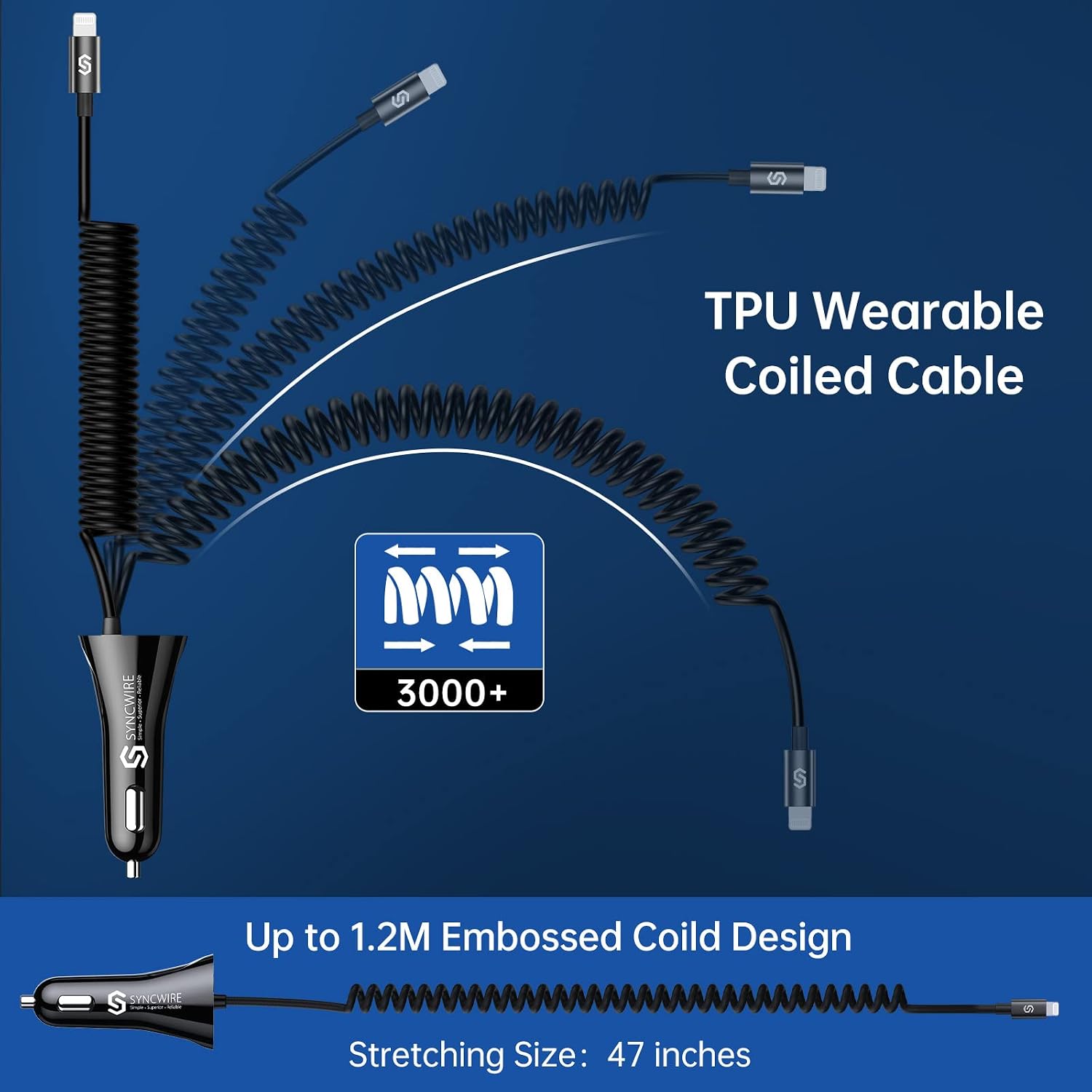 Syncwire iPhone Car Charger - Upgrade [Apple MFi Certified] 4.8A/24W Car Charging Adapter with Built-in Coiled Lightning Cable for Apple iPhone 14/13/12/11/Xs/XS Max/XR/X/8/7/6 Plus, iPad & More