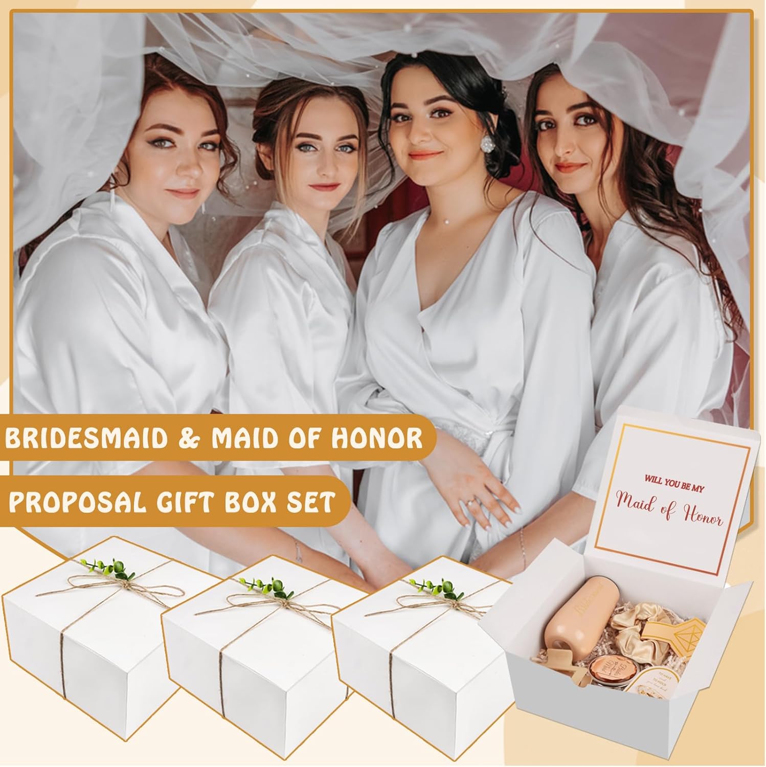 53Pcs Bridesmaid Proposal Box Set of 4 Wedding Gifts for Maid of Honor Jewelry Box Set,Scrunchies Hair Claw Clip Knotted Bracelets,Maid of Honor Proposal Gifts Set of 4
